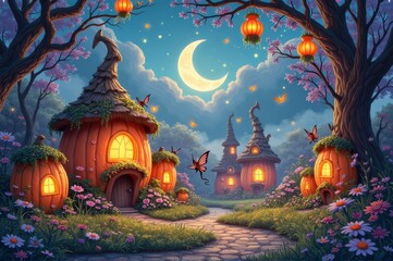 Enchanted fairy village under a crescent moon with glowing lanterns