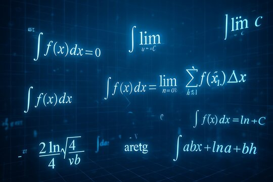 Glowing Mathematical Formulas and Equations on Futuristic Digital Blue Technology Background.