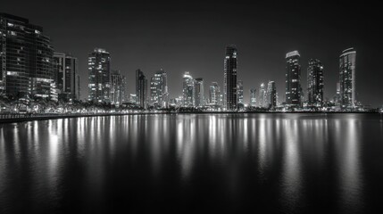 Fototapeta premium A black and white panorama showcases a city skyline at night with illuminated skyscrapers reflected in water