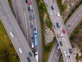 Traffic flows along the highways in Gothenburg, Sweden during the morning rush hour