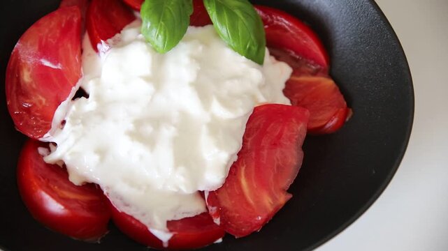 Salad strachatella and tomato portion size natural product tasty snack fresh delicious gourmet food background on the table rustic top view copy space keto and paleo diet