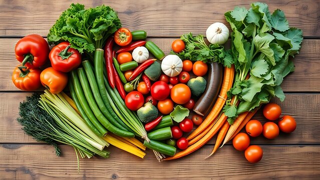 Fresh vegetables arranged in a heart shape on rustic wood, soft natural backlighting emphasizing wholesome nutrition concept.