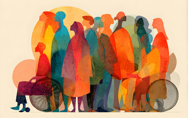 International Day of Persons with Disabilities illustration featuring diverse silhouettes and wheelchair inclusion, promoting unity. High quality