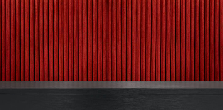 dark black or grey brushed stainless steel counter or table with abstract dark red wood slats background, providing reflective surface ideal as a background for product displayed, industrial counter.