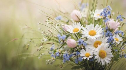 Fototapeta premium dew. A vibrant floral arrangement glistens with morning dew in a serene English park setting. gardening catalogs, home-decor guides, designed for gardening and botanical catalogs, celebrates nature.