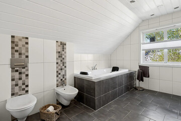 Modern bathroom interior in minimal scandinavian style, 3d render