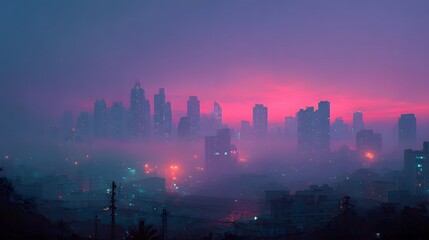 Obraz premium Dreamy, atmospheric photo of a city skyline at dusk enveloped in a thick, magical pink and purple haze, with skyscrapers silhouetted in the mist.