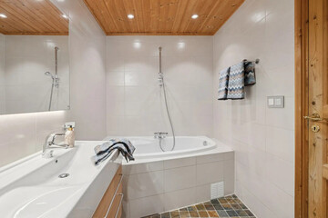 Modern bathroom interior in minimal scandinavian style, 3d render