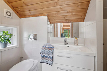 Modern bathroom interior in minimal scandinavian style, 3d render © evgenij