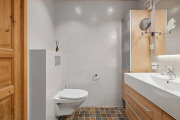 Modern bathroom interior in minimal scandinavian style, 3d render