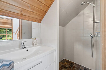 Modern bathroom interior in minimal scandinavian style, 3d render