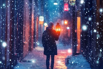 Lone Traveler Walking with Glowing Lantern at Night