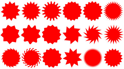 Red badge shapes vector set. Collection of starburst, sunburst and jagged edge decorative labels for sale tags, discount stickers, posters, banners and product packaging design.