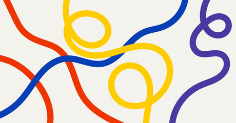 Abstract scribble line background. Colorful red, yellow, blue and purple curved strokes with loops, modern minimal design for posters, wallpapers, backgrounds, and creative decoration.