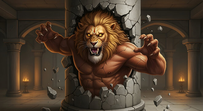 Narasimha bursting from stone pillar in temple hall