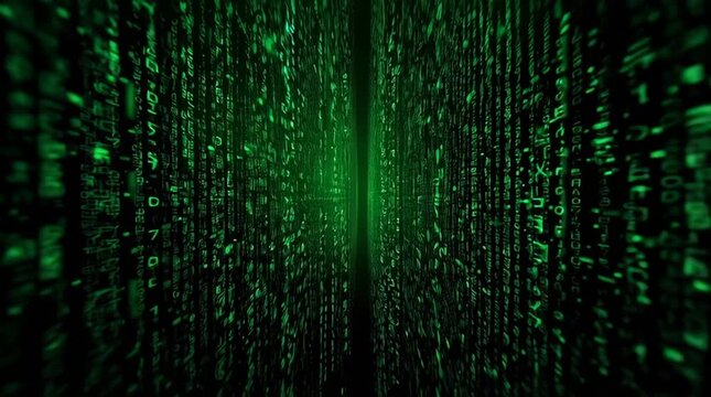 A futuristic digital landscape featuring flowing green code, creating a matrix-like atmosphere filled with virtual possibilities.
