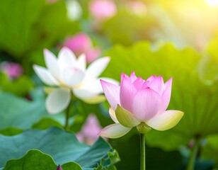 Soft-focus lotus blossoms in sunlight