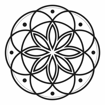 Geometric flower of life pattern with circles and dots in black and white intricate design isolated on white vreated with genrated ai