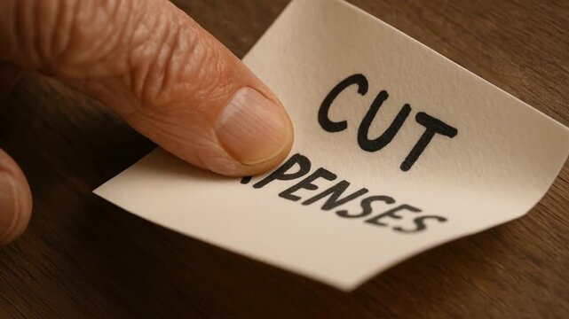 financial resilience in stress concept. Reminder to cut expenses on sticky note with a finger pointing.