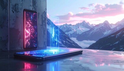 Two smartphones display futuristic digital maps overlaid on a tranquil mountain backdrop, showcasing vibrant neon colors and a sense of technological innovation.