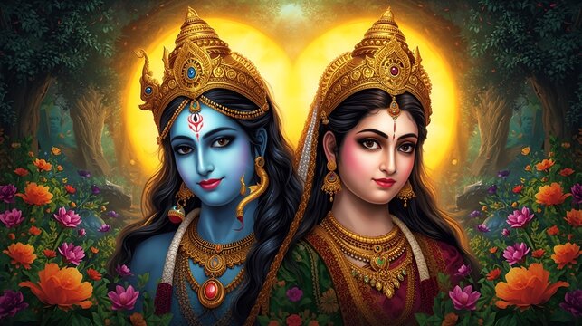 beautiful colorful hindu god lord shiva or sankar,mahadev with goddess parvathy or parvati with flower decoration