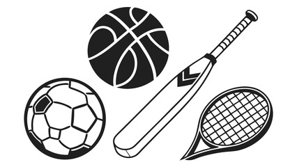 Illustration of a basketball, soccer ball, cricket bat, and tennis racket in black and white style vreated with genrated ai