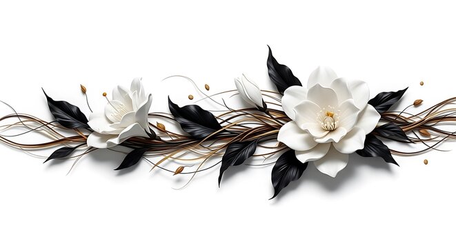 Elegant white roses with black leaves and gold accents isolated on white background