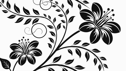 Black and white floral design featuring stylized flowers leaves and swirling vines on a white background vreated with genrated ai