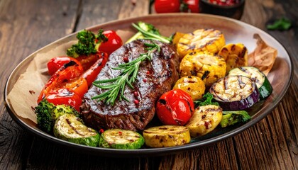 Grilled Beef Steak with Assorted Vegetables on Plate in Rustic Setting