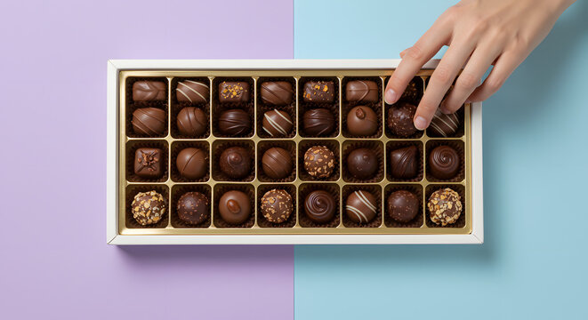 Chocolate Box with Hand on Pastel Background