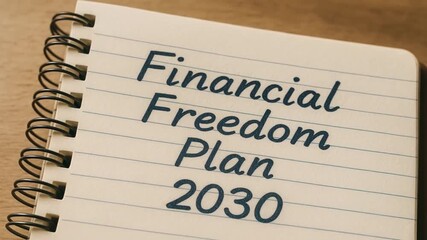 financial resilience in stress concept. Notebook with "Financial Freedom Plan 2030" written on lined paper.