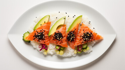 Sushi et maki au saumon et &agrave; l'avocat. Plat traditionnel japonais avec de l'algue et du riz. Nourriture asiatique. Plat pr&eacute;sent&eacute; dans une assiette blanche. Pour conception et cr&eacute;ation graphique.