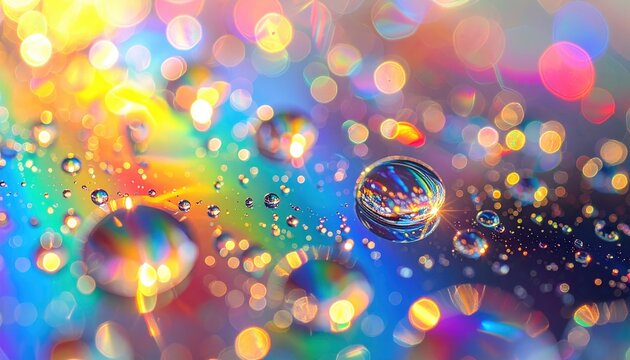 Gocce d'Acqua Macro Iridescenti con Effetto Bokeh | Riflessi Arcobaleno e Colori Vibranti

