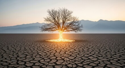Leafless Tree Growing on Cracked Earth During Sunset in Arid Landscape