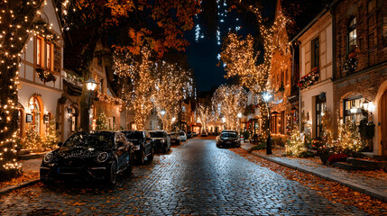 Festively illuminated street adorned with Christmas lights at night in a charming city neighborhood