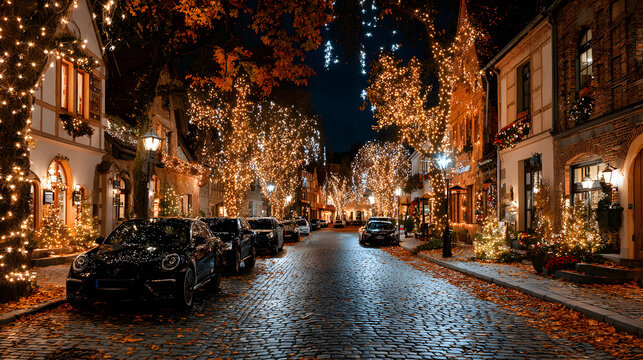 Festively illuminated street adorned with Christmas lights at night in a charming city neighborhood - Powered by Adobe