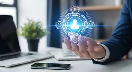 Businessman holding a glowing digital human icon representing connection and networking in a modern office setting