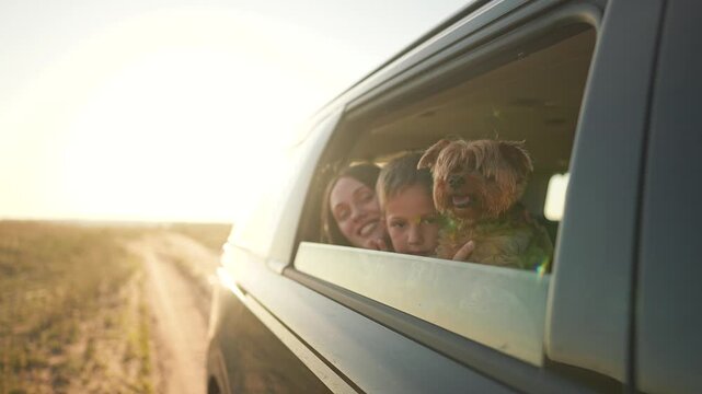 Happy child hugs dog in car. Boy smiles during travel. Summer journey brings joy to family. Travel together dog makes child smile. Family shares road trip. Child dog enjoy ride. Summer travel for boy.