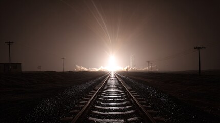 Rocket Launch Illuminated Night Sky Along Railway Tracks