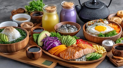 A Japanese inspired meal featuring salmon rice bowls avocado and assorted vegetables