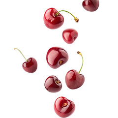 Fresh red cherries with stems isolated on black background falling from above in multiple positions