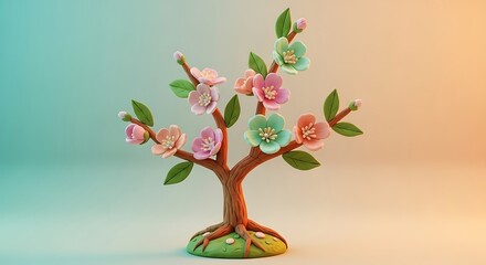 A small clay tree with pink and blue flowers and green leaves on a gradient background