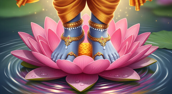 The divine feet of Lord Vishnu on a pink lotus flower