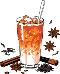Vector Flat Lay of Thai Iced Tea with Spices