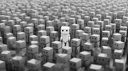 A single white robot stands out among many gray robots a sea of uniformity