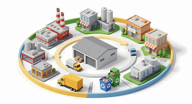 Industrial process flow with manufacturing, distribution, and recycling elements visualized in a circular diagram