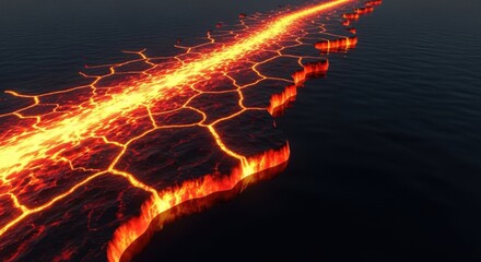 Volcanic Lava Crack in Ocean Scene with Bright Fiery Colors and Dark Water Background