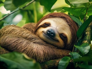 A sloth sleeping peacefully, curled up in the branches of a lush rainforest