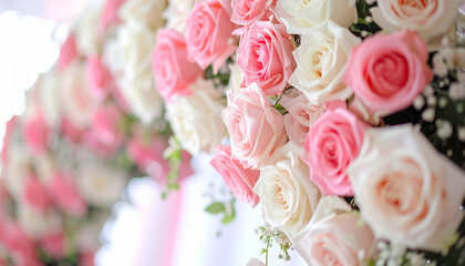 Pink and white rose arch, detailed textures of petals and floral arrangement, elegant wedding decor