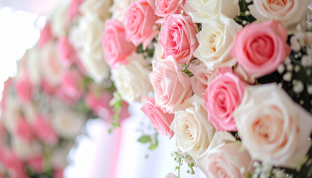 Pink and white rose arch, detailed textures of petals and floral arrangement, elegant wedding decor - Powered by Adobe